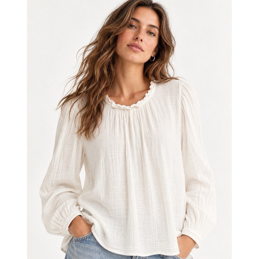 Xirena White Cotton Gauze Ruffle Neck Long Sleeve Blouse Top Small